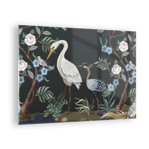 Obraz na skle - Barevní ptáci mezi kvetoucími větvemi na tmavém pozadí - 70x50cm - Ptačí průvod - Moderní nástěnná dekorace do obývacího pokoje a ložnice ARTTOR