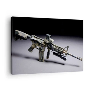 Obraz na plátně - Moderní zbraň v maskovací barvě na tmavém pozadí - 70x50cm - Vždy nebezpečný - Moderní nástěnná dekorace do obývacího pokoje a ložnice ARTTOR