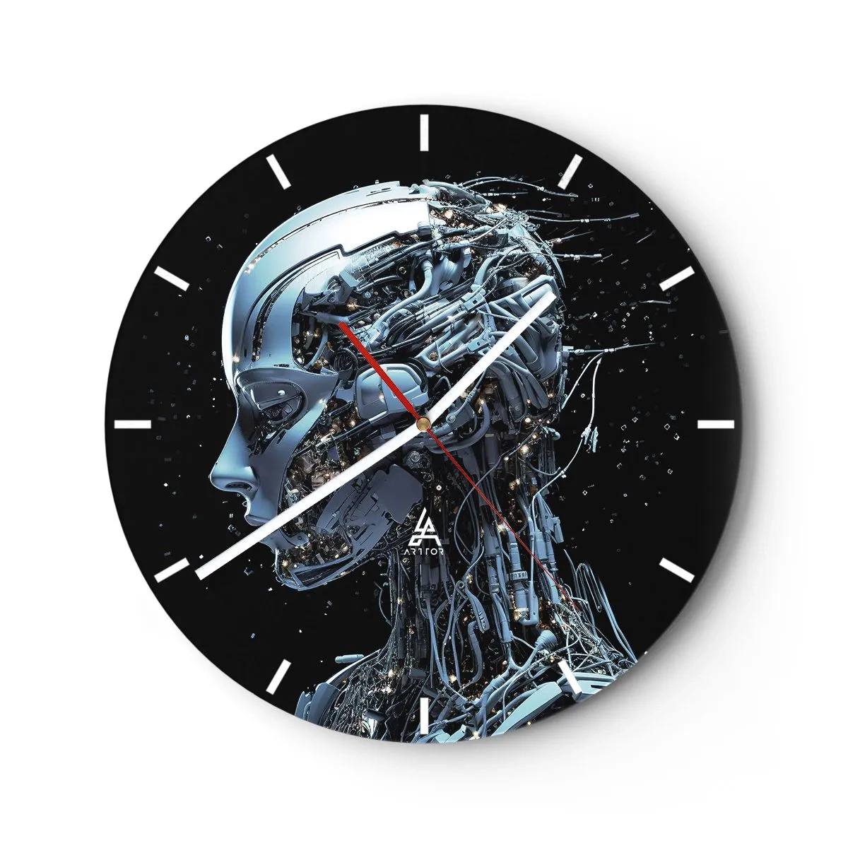 Nástěnné hodiny - Profil humanoidního robota vyrobeného z futuristických kabelů - 30x30cm - Technologie je žena - Moderní nástěnná dekorace do obývacího pokoje, kuchyně a ložnice ARTTOR