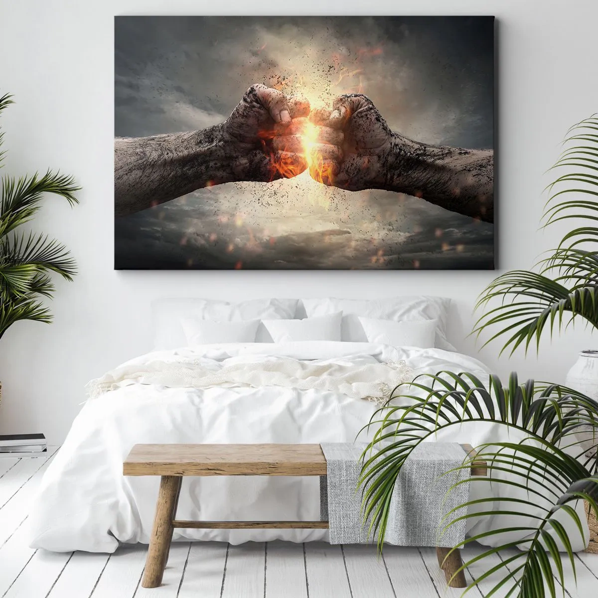 Obraz na plátně - Zaťaté pěsti v dynamické scéně s požárem - 70x50cm - Jdi do války - Moderní nástěnná dekorace do obývacího pokoje a ložnice ARTTOR