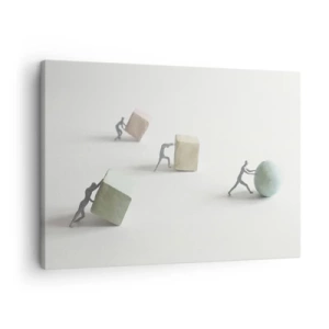 Obraz na plátně - Miniaturní figurky tlačící tvary na světlém pozadí - 70x50cm - Život samotný - Moderní nástěnná dekorace do obývacího pokoje a ložnice ARTTOR