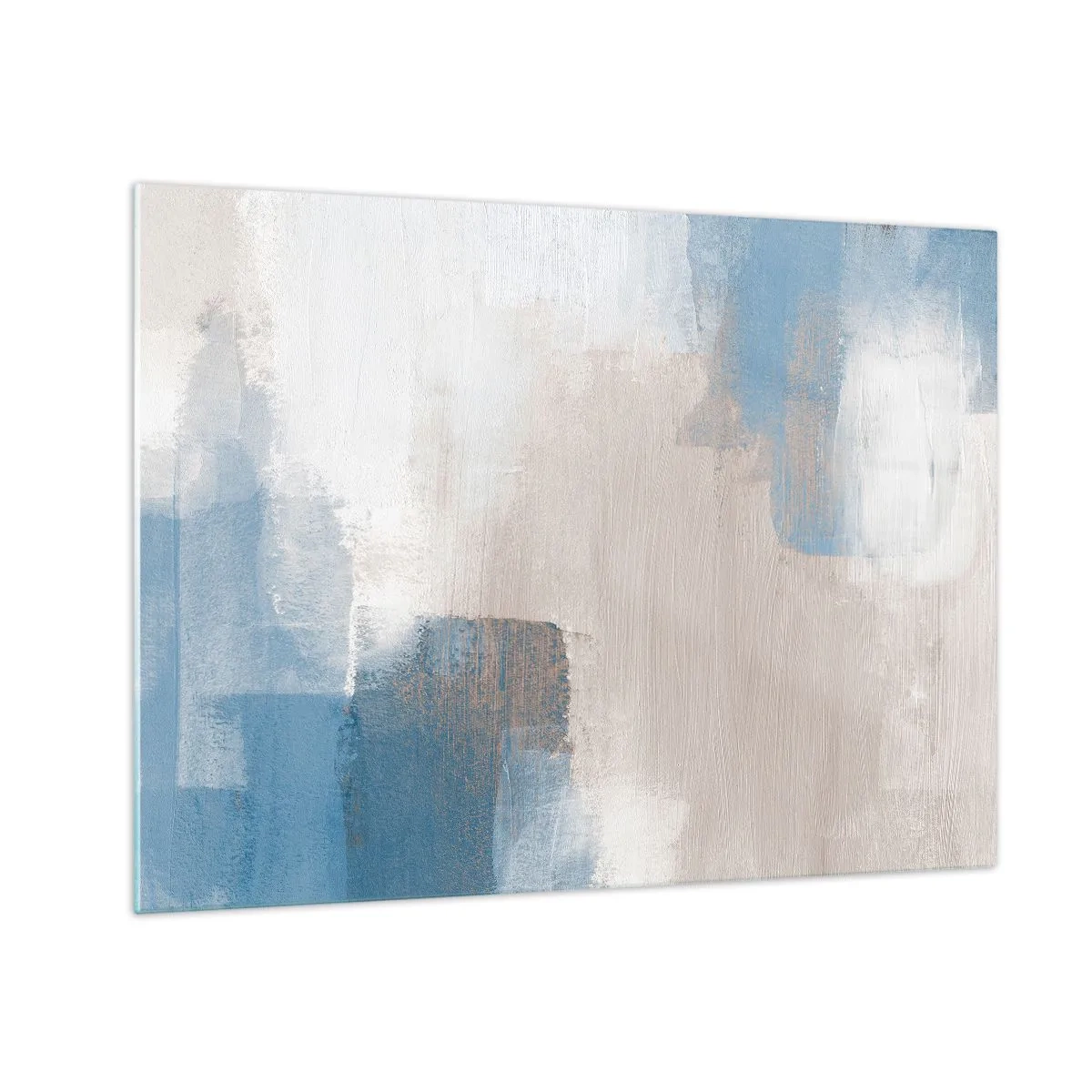 Obraz na skle - Béžová a modrá abstrakce v pastelových barvách - 70x50cm - Růžová abstrakce za modrým závojem - Moderní nástěnná dekorace do obývacího pokoje a ložnice ARTTOR