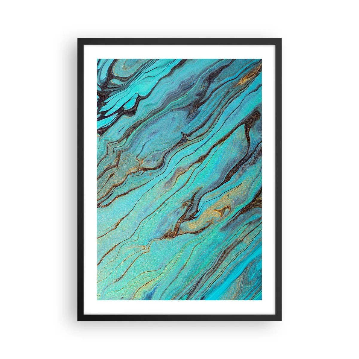 Plakát v černém rámu - Abstraktní vzory v odstínech tyrkysové a zlaté - 50x70cm - Tyrkysový příliv - Moderní nástěnná dekorace do obývacího pokoje a ložnice ARTTOR
