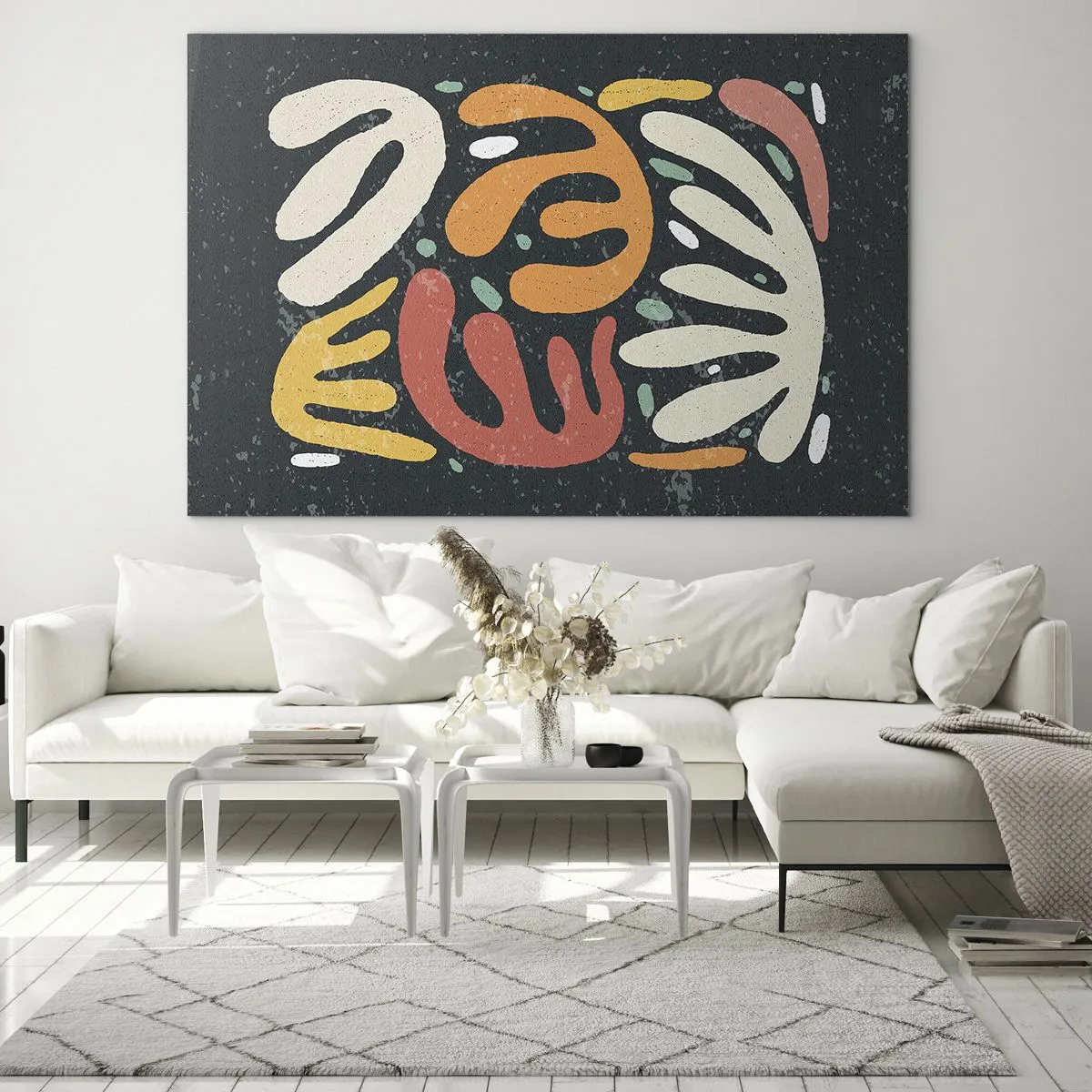 Obraz na skle - Barevné organické tvary na tmavém pozadí v abstraktním stylu. - 70x50cm - Kompozice – hned tě chytím - Moderní nástěnná dekorace do obývacího pokoje a ložnice ARTTOR
