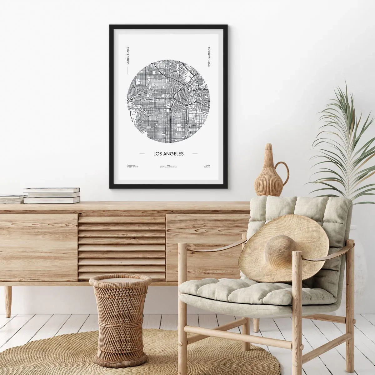 Plakát v černém rámu - Minimalistická mapa Los Angeles v černé a bílé barvě. - 50x70cm - Anatomie Los Angeles - Moderní nástěnná dekorace do obývacího pokoje a ložnice ARTTOR