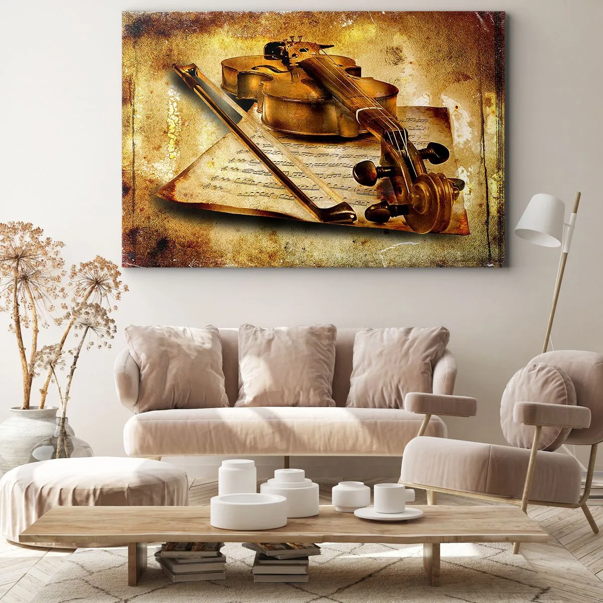 Obraz na plátně - Housle s notovým zápisem na vintage pozadí v teplých tónech - 70x50cm - Okamžitě potřebný virtuóz - Moderní nástěnná dekorace do obývacího pokoje a ložnice ARTTOR