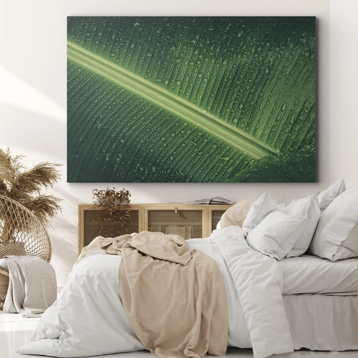Obraz na plátně - Zelený list s kapkami vody na jeho povrchu - 70x50cm - Struktura zelené - Moderní nástěnná dekorace do obývacího pokoje a ložnice ARTTOR