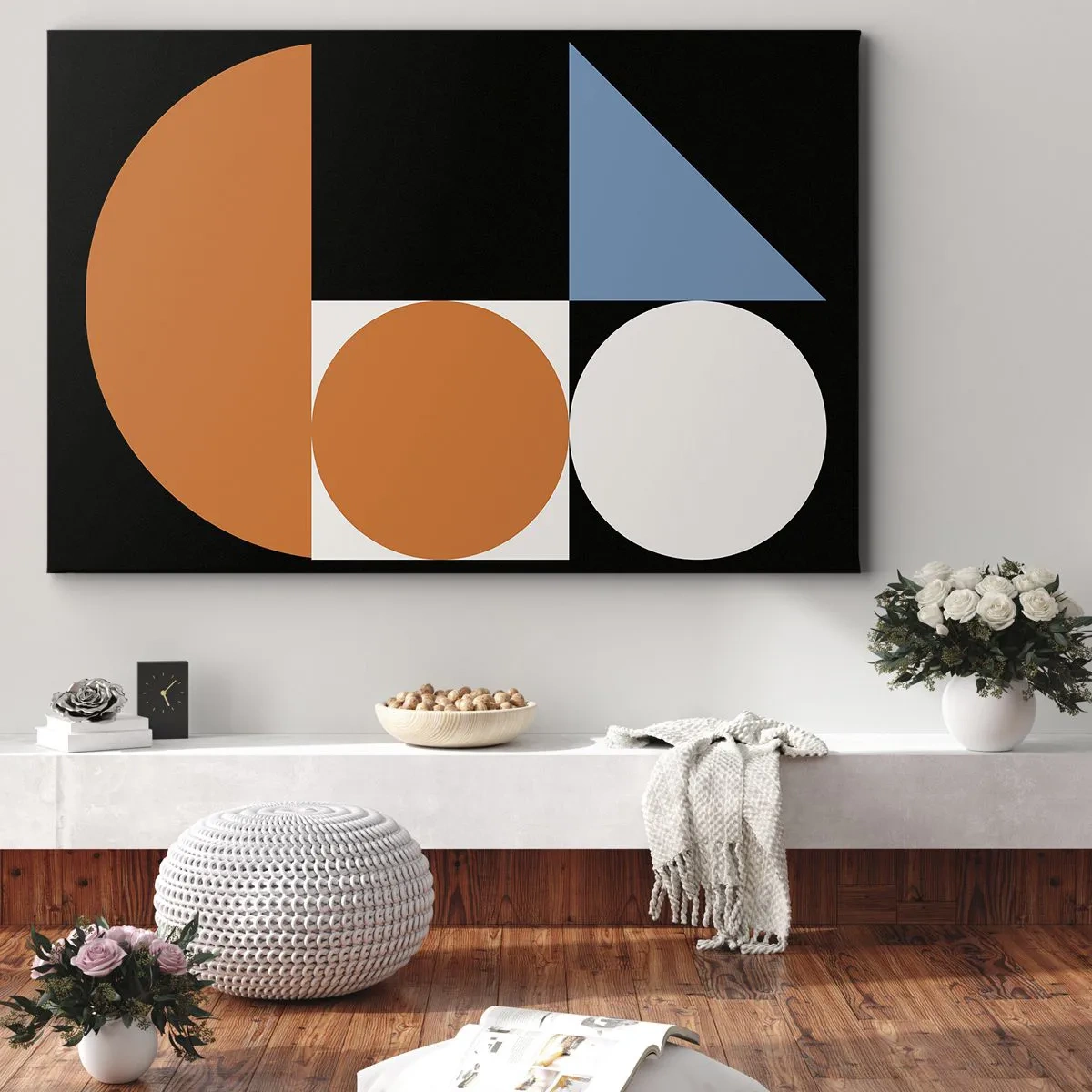 Obraz na plátně - Geometrický vzor s barevnými tvary na černém pozadí - 70x50cm - Figurínový systém - Moderní nástěnná dekorace do obývacího pokoje a ložnice ARTTOR
