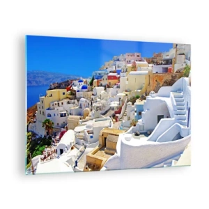 Obraz na skle - Santorini s bílými domy proti modré obloze - 70x50cm - Sen o řeckém létě - Moderní nástěnná dekorace do obývacího pokoje a ložnice ARTTOR