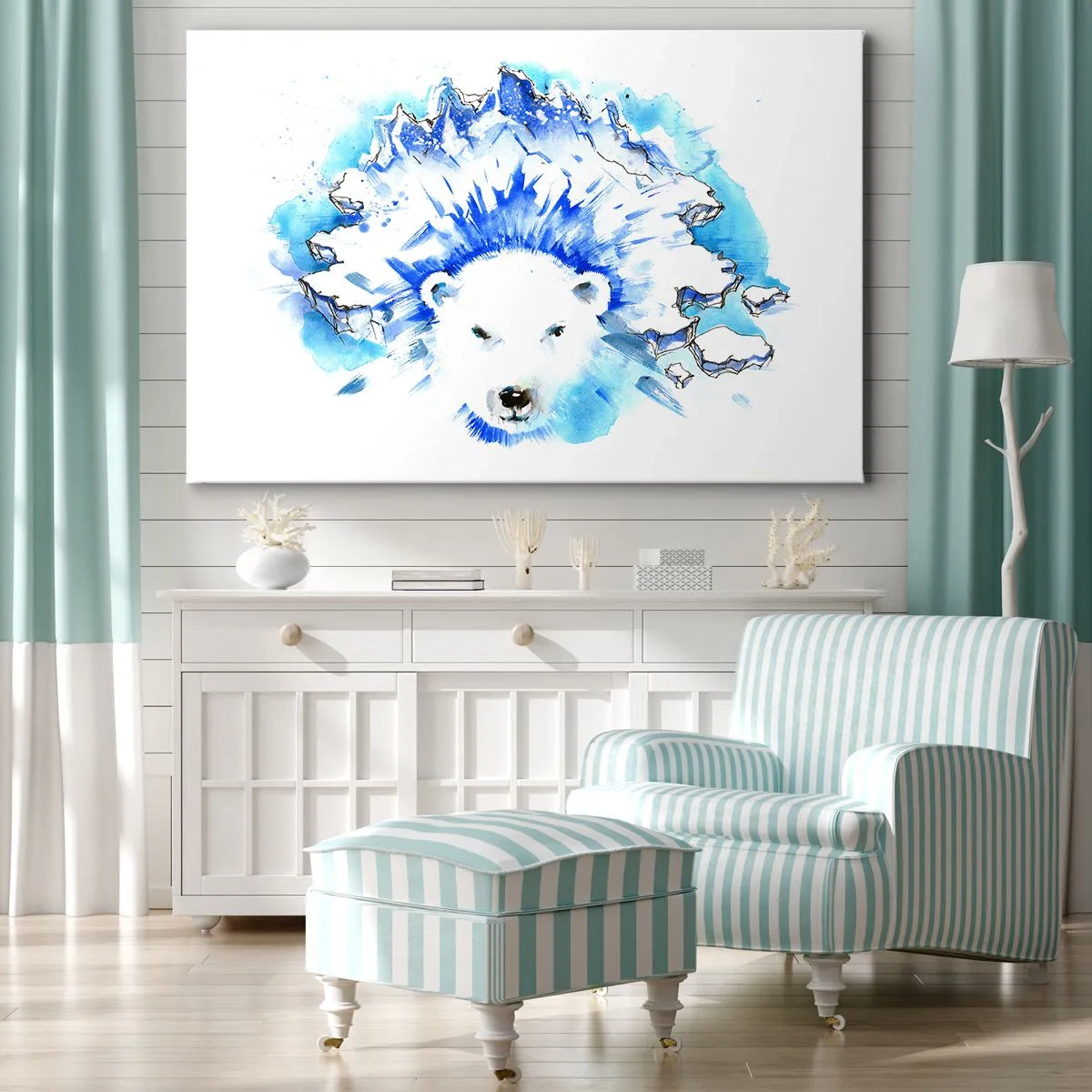 Obraz na plátně - Umělecká akvarelová malba ledního medvěda s ledovým motivem - 70x50cm - Král Arktidy s ledovou korunou - Moderní nástěnná dekorace do obývacího pokoje a ložnice ARTTOR