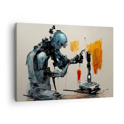 Obraz na plátně - Robot v práci s abstraktním pozadím - 70x50cm - Už zítra… - Moderní nástěnná dekorace do obývacího pokoje a ložnice ARTTOR