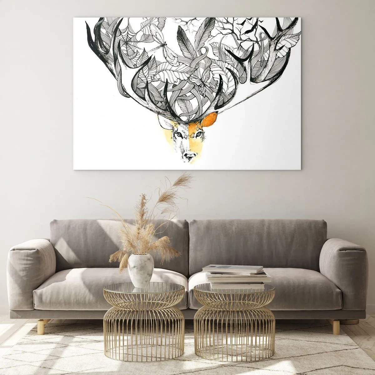 Obraz na skle - Kresba jelena s ozdobnými parohy - 70x50cm - Rohy hojnosti - Moderní nástěnná dekorace do obývacího pokoje a ložnice ARTTOR