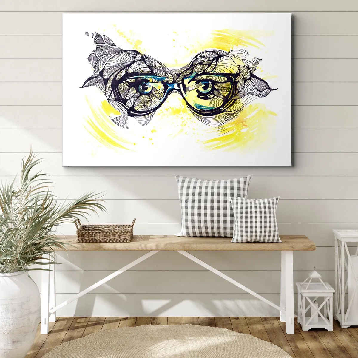 Obraz na plátně - Umělecká grafika brýlí s výraznýma očima - 70x50cm - Přes modré brýle - Moderní nástěnná dekorace do obývacího pokoje a ložnice ARTTOR