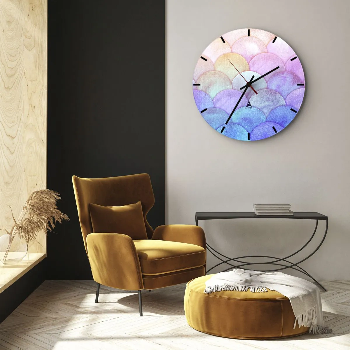 Nástěnné hodiny - Půlkruhové pastelové šupiny v odstínech růžové, fialové a modré - 30x30cm - Perleťová šupina - Moderní nástěnná dekorace do obývacího pokoje, kuchyně a ložnice ARTTOR