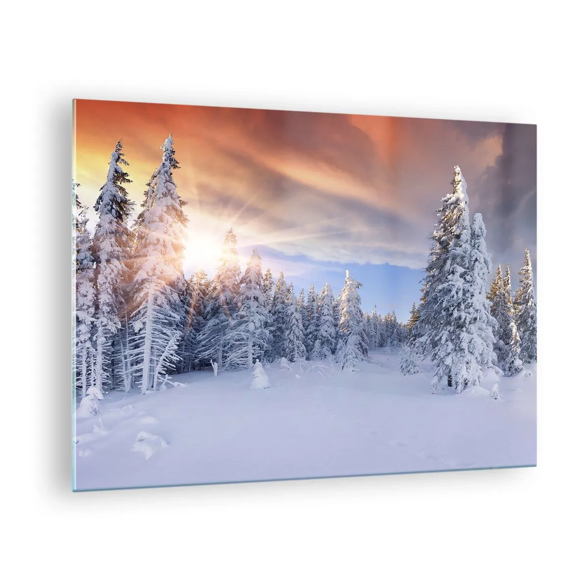 Obraz na skle - Zimní krajina se zasněženými stromy při západu slunce - 70x50cm - Sněžné představení přírody - Moderní nástěnná dekorace do obývacího pokoje a ložnice ARTTOR