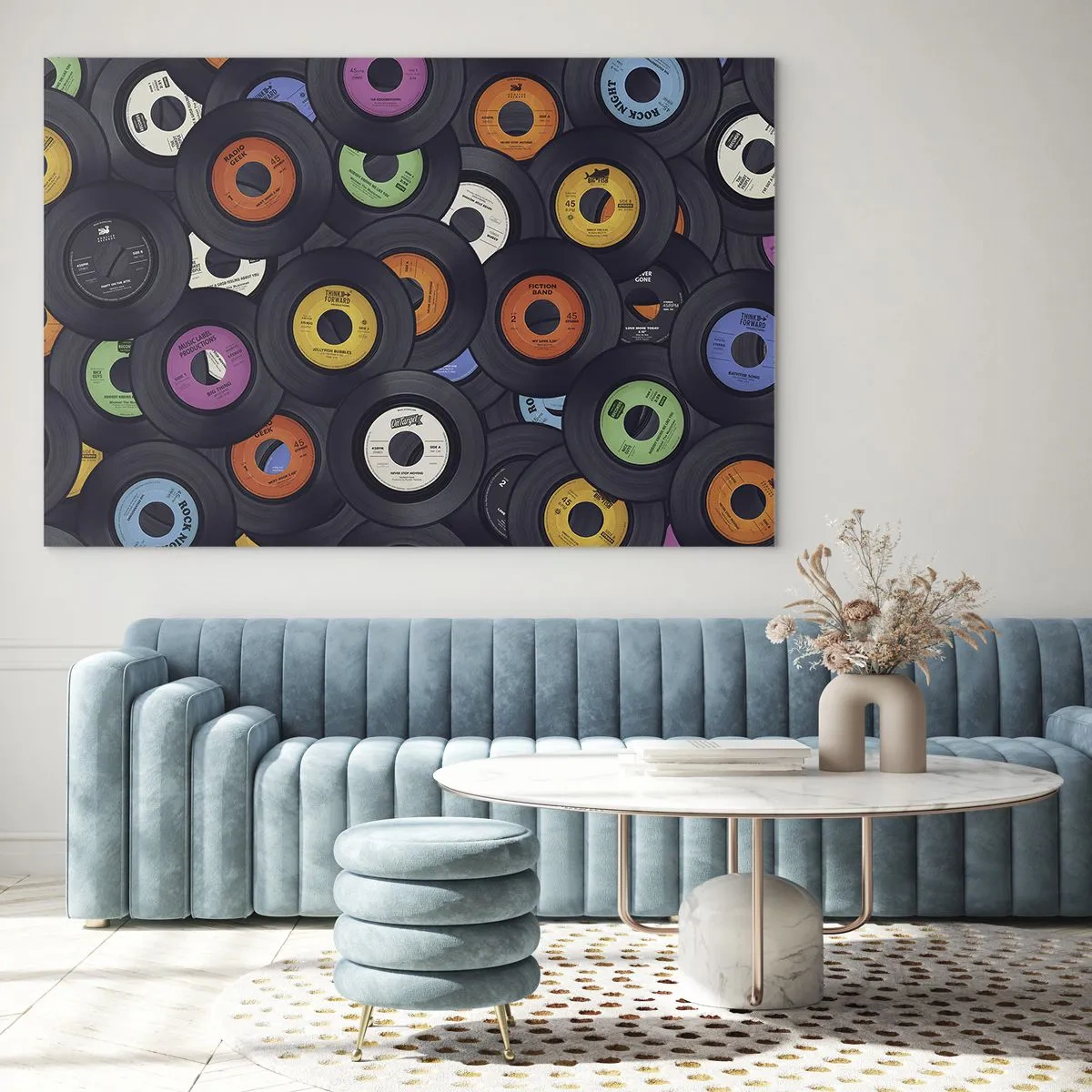 Obraz na skle - Barevné vinylové desky na černém pozadí - 70x50cm - Barvy klasiky - Moderní nástěnná dekorace do obývacího pokoje a ložnice ARTTOR