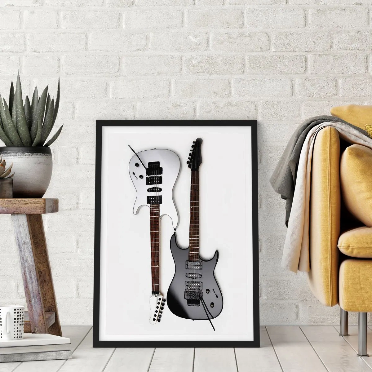 Plakát v černém rámu - Moderní elektrické kytary na bílém pozadí - 50x70cm - Harmonie tvarů - Moderní nástěnná dekorace do obývacího pokoje a ložnice ARTTOR