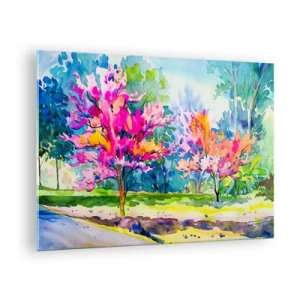 Obraz na skle - Barevné stromy v parku malované akvarelovou technikou - 70x50cm - Duhová zahrada v jarním lesku - Moderní nástěnná dekorace do obývacího pokoje a ložnice ARTTOR