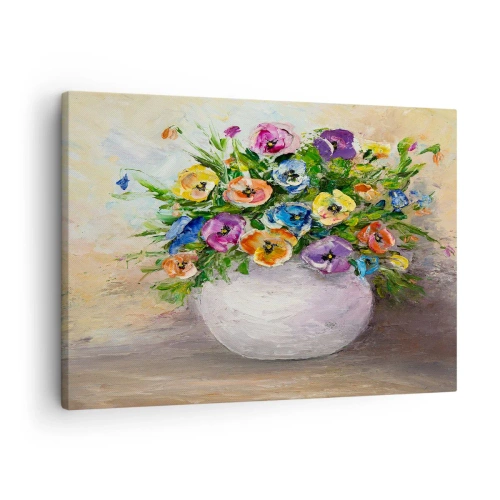 Obraz na plátně - Barevná kytice květin v bílé váze - 70x50cm - Zátiší s bílou vázou - Moderní nástěnná dekorace do obývacího pokoje a ložnice ARTTOR