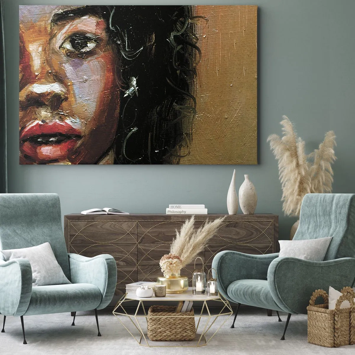 Obraz na plátně - Expresivní portrét ženy v intenzivních barvách. - 70x50cm - Černá a jas - Moderní nástěnná dekorace do obývacího pokoje a ložnice ARTTOR