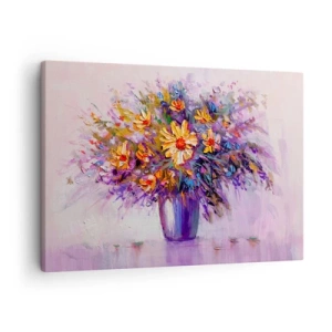 Obraz na plátně - Kytice květin ve váze na pastelovém pozadí - 70x50cm - Sladce voní, sladce vypadá - Moderní nástěnná dekorace do obývacího pokoje a ložnice ARTTOR