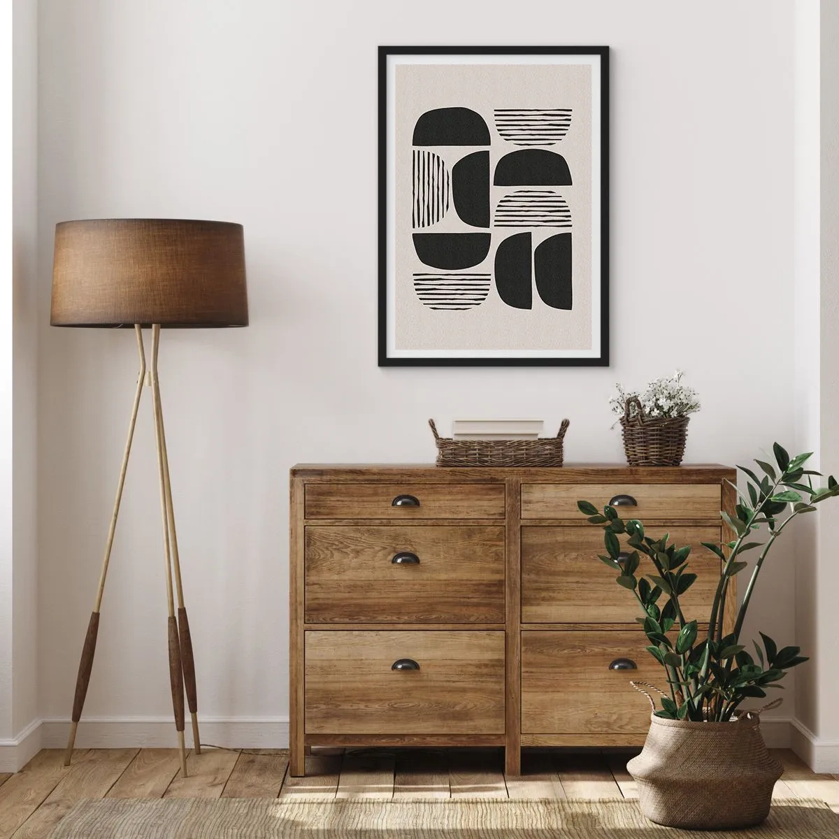 Plakát v černém rámu - Geometrická abstrakce s černými tvary a čarami - 50x70cm - Polovičaté soustavy - Moderní nástěnná dekorace do obývacího pokoje a ložnice ARTTOR