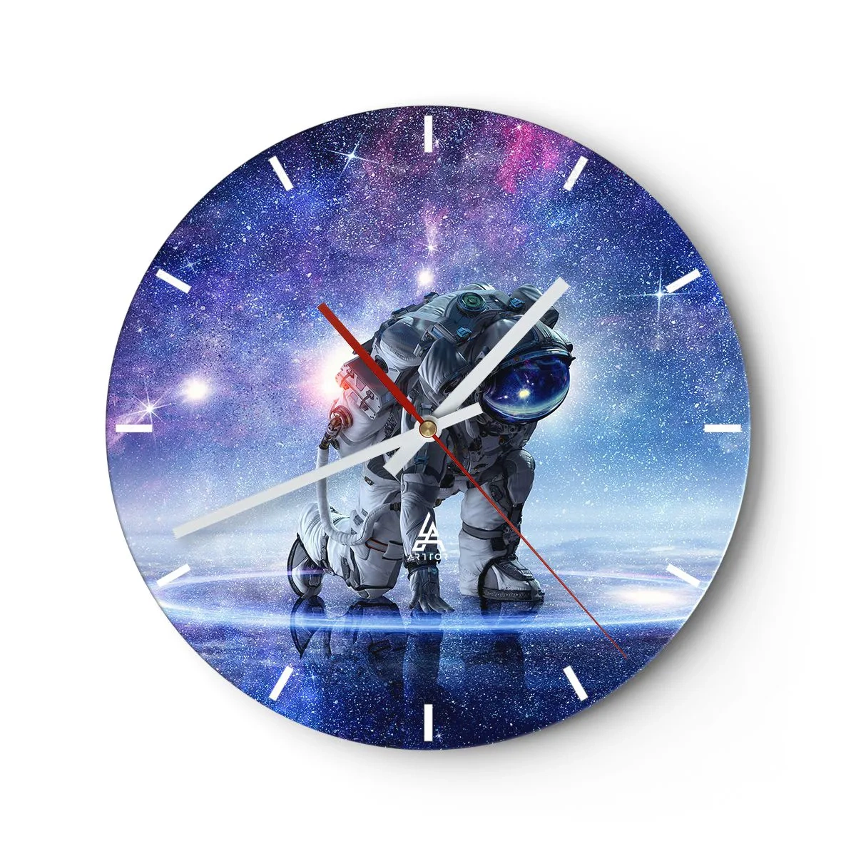 Nástěnné hodiny - Astronaut na pozadí kosmické galaxie v intenzivních barvách. - 30x30cm - Hvězdné nebe nade mnou - Moderní nástěnná dekorace do obývacího pokoje, kuchyně a ložnice ARTTOR
