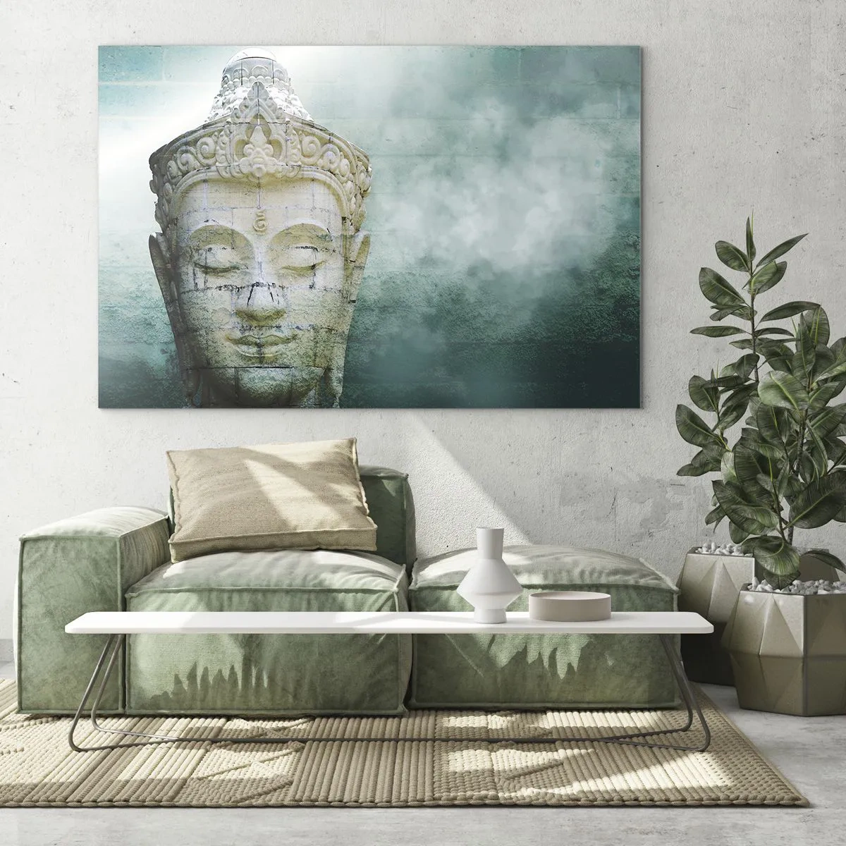 Obraz na skle - Socha Buddhy v mystické atmosféře - 70x50cm - Hledajíc světlo - Moderní nástěnná dekorace do obývacího pokoje a ložnice ARTTOR