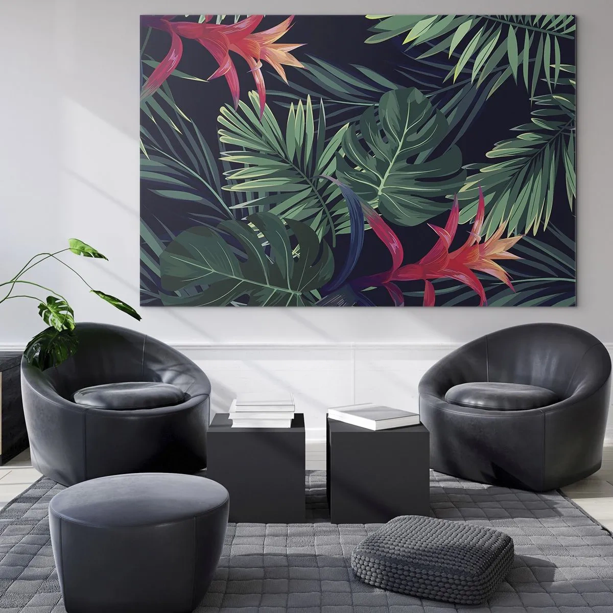 Obraz na skle - Exotické listy a květiny na tmavém pozadí - 70x50cm - Vzplanout v zeleném - Moderní nástěnná dekorace do obývacího pokoje a ložnice ARTTOR