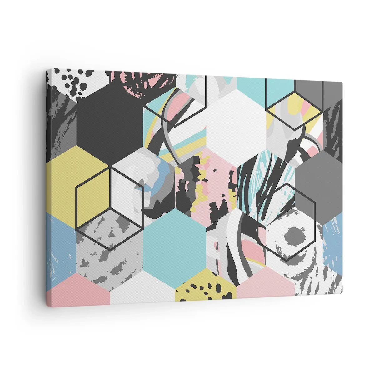 Obraz na plátně - Geometrický šestiúhelníkový vzor s barevnými abstraktními detaily - 70x50cm - Šestiúhelníky a krychle v šesti barvách - Moderní nástěnná dekorace do obývacího pokoje a ložnice ARTTOR