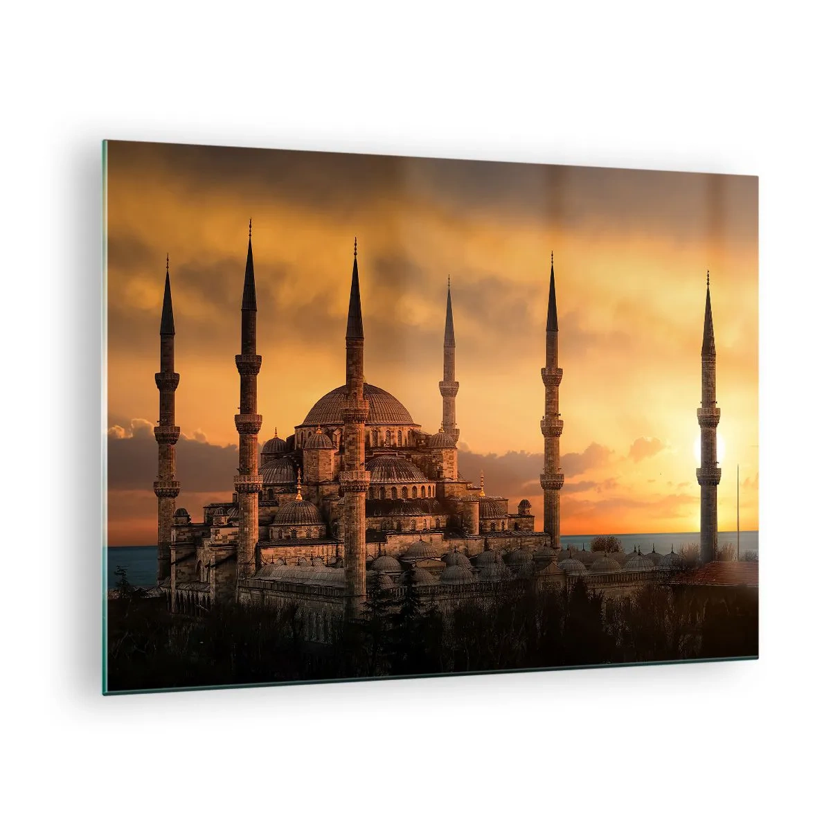 Obraz na skle - Modrá mešita na pozadí západu slunce - 70x50cm - Bůh je velký - Moderní nástěnná dekorace do obývacího pokoje a ložnice ARTTOR