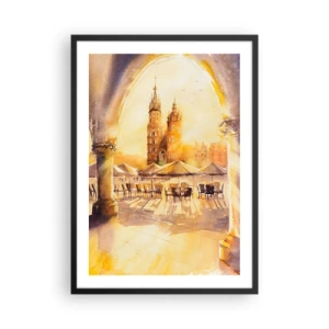 Plakát v černém rámu - Akvarel zobrazující krakovské náměstí při západu slunce. - 50x70cm - Východ slunce nad krakovským náměstím - Moderní nástěnná dekorace do obývacího pokoje a ložnice ARTTOR