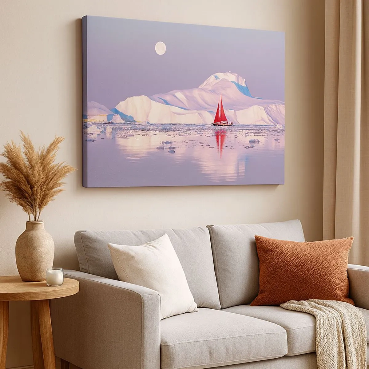 Obraz na plátně - Červená plachta na pozadí ledových hor a úplňku. - 70x50cm - Žár plachty, chlad ledu - Moderní nástěnná dekorace do obývacího pokoje a ložnice ARTTOR