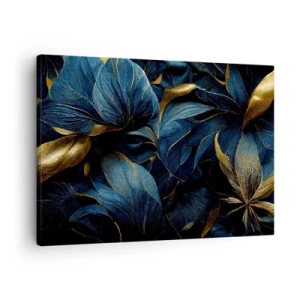 Obraz na plátně - Elegantní listy v odstínech zlaté a tmavě modré - 70x50cm - Podšívané zlatem - Moderní nástěnná dekorace do obývacího pokoje a ložnice ARTTOR