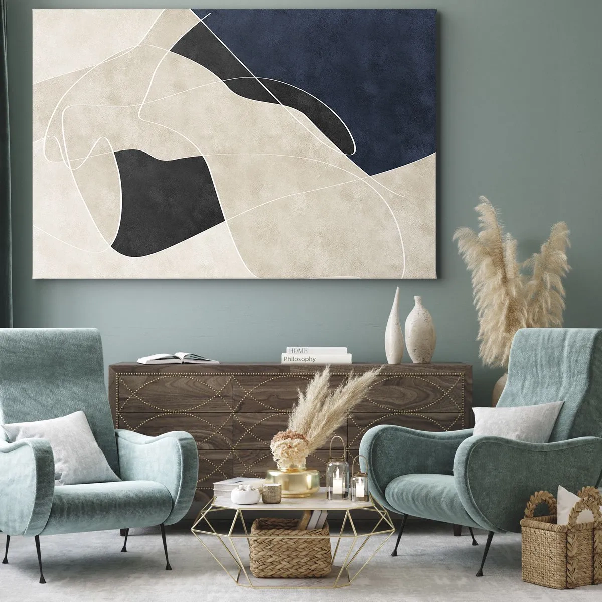 Obraz na plátně - Geometrická abstrakce v odstínech béžové a tmavě modré - 70x50cm - Abstraktní kompozice – kontrast barev - Moderní nástěnná dekorace do obývacího pokoje a ložnice ARTTOR