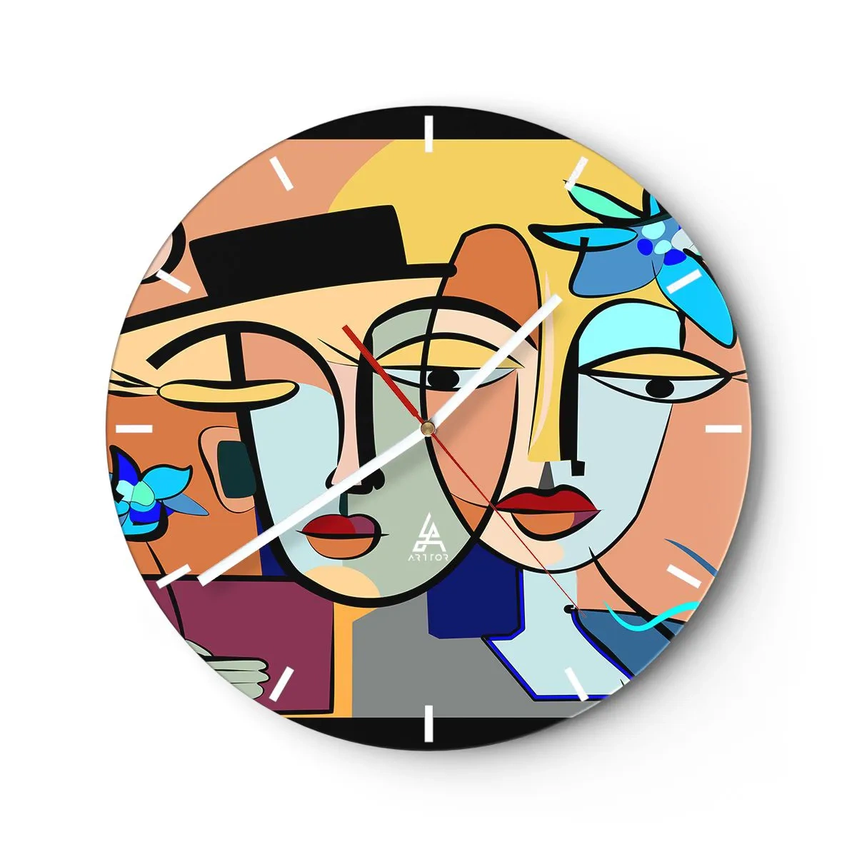 Nástěnné hodiny - Barevné tváře v kubistickém stylu s květinovými prvky - 30x30cm - Picassovo randez vous - Moderní nástěnná dekorace do obývacího pokoje, kuchyně a ložnice ARTTOR