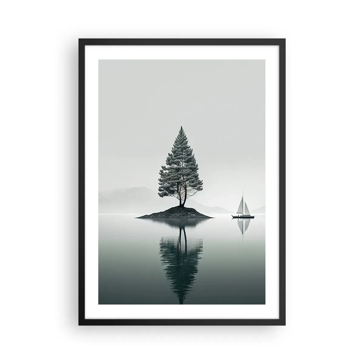 Plakát v černém rámu - Osamělý strom na ostrově s odrazem ve vodě - 50x70cm - Snění - Moderní nástěnná dekorace do obývacího pokoje a ložnice ARTTOR
