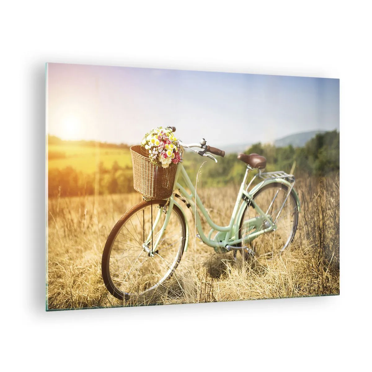 Obraz na skle - Retro kolo s květinami na přírodním pozadí - 70x50cm - Chvíli tu zůstanu - Moderní nástěnná dekorace do obývacího pokoje a ložnice ARTTOR