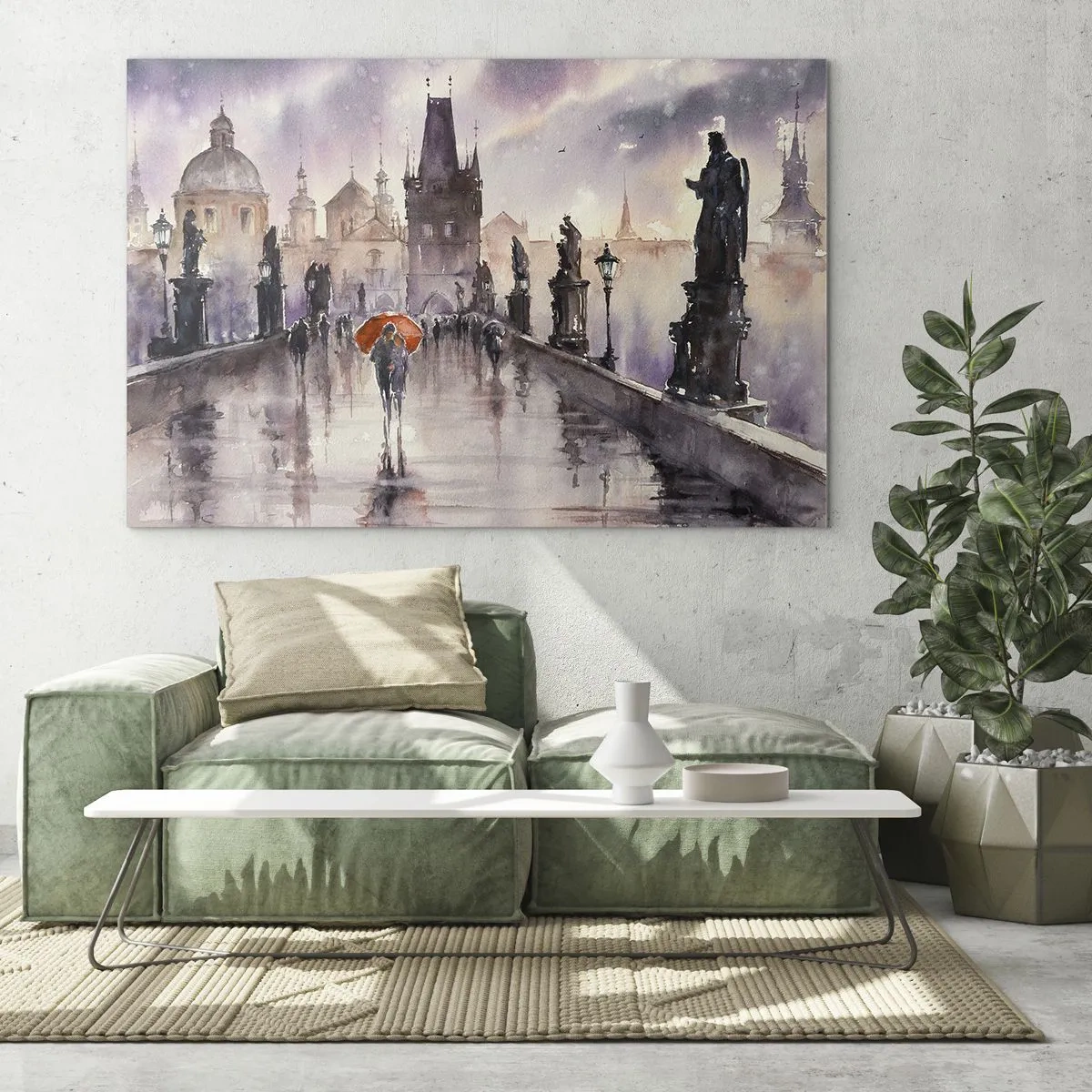 Obraz na skle - Chůze v dešti po mostě s oranžovým deštníkem - 70x50cm - Lidé se nemění - Moderní nástěnná dekorace do obývacího pokoje a ložnice ARTTOR