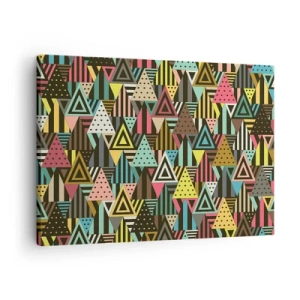 Obraz na plátně - Barevný geometrický vzor s trojúhelníky a čarami - 70x50cm - V rytmu na tři - Moderní nástěnná dekorace do obývacího pokoje a ložnice ARTTOR