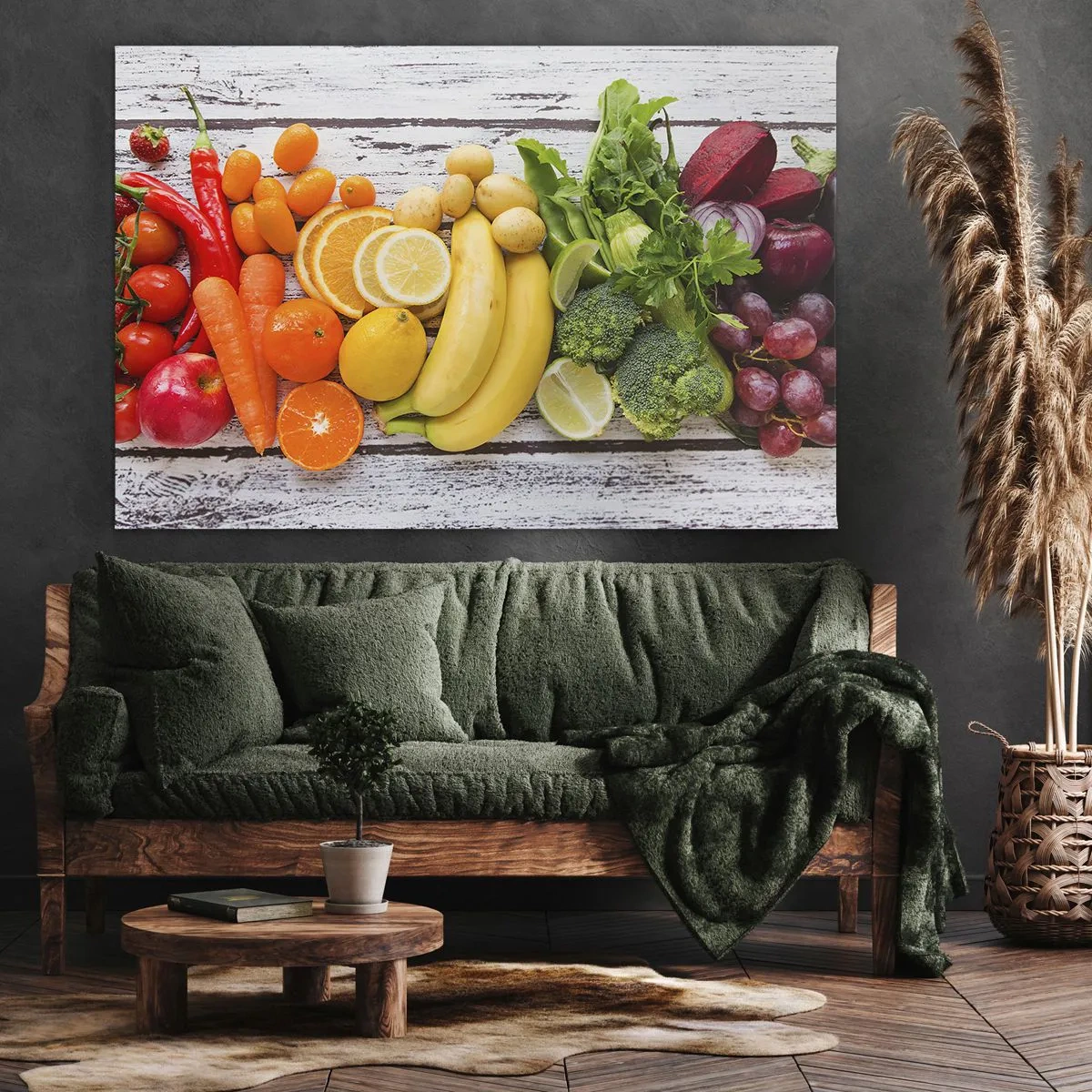 Obraz na plátně - Barevné ovoce a zelenina na dřevěném pozadí - 70x50cm - To nestačí? - Moderní nástěnná dekorace do obývacího pokoje a ložnice ARTTOR