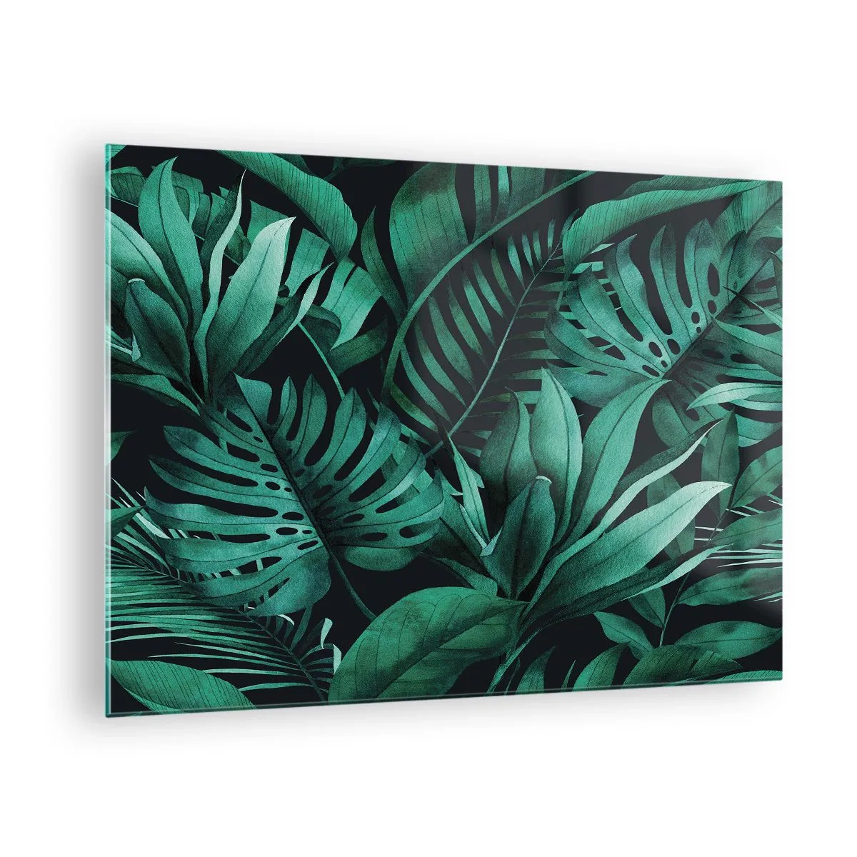 Obraz na skle - Svěží zelené listy v tropické kompozici - 70x50cm - Hloubka tropické zeleně - Moderní nástěnná dekorace do obývacího pokoje a ložnice ARTTOR