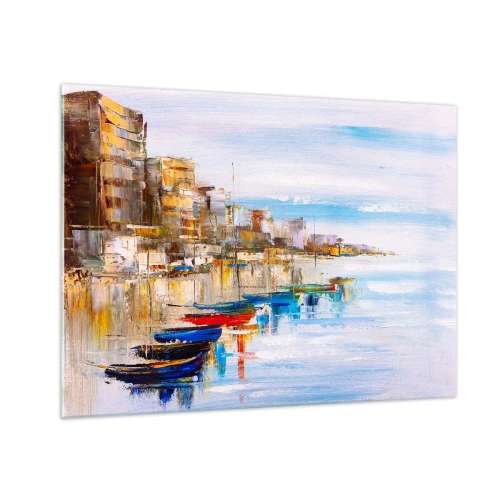 Obraz na skle - Barevné lodě kotvící na městském nábřeží - 70x50cm - Vícebarevný městský přístav - Moderní nástěnná dekorace do obývacího pokoje a ložnice ARTTOR