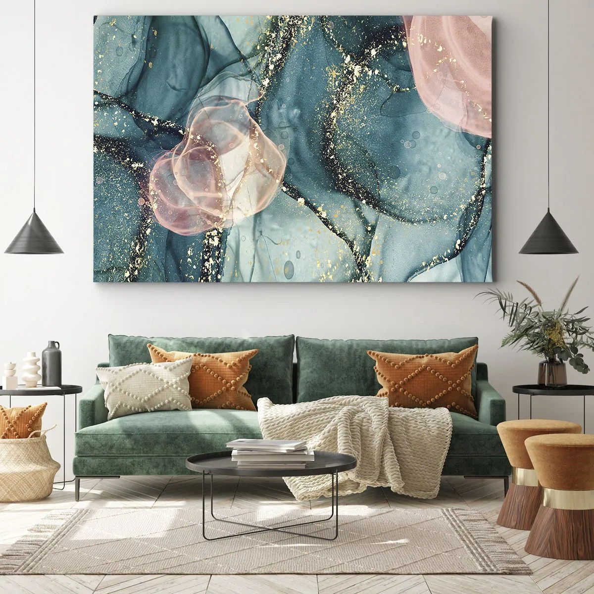 Obraz na plátně - Abstraktní kompozice v odstínech tyrkysové a zlaté. - 70x50cm - Modré hedvábí modré, růžový tyl - Moderní nástěnná dekorace do obývacího pokoje a ložnice ARTTOR