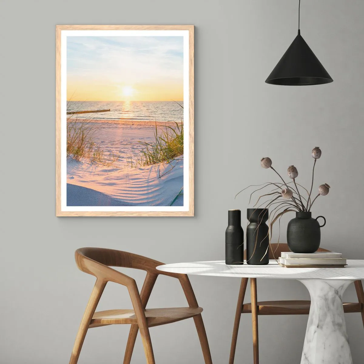 Plakát v rámu světlý dub - Šumění moře, zpěv ptáků, divoká pláž uprostřed trávy… - 40x50 cm