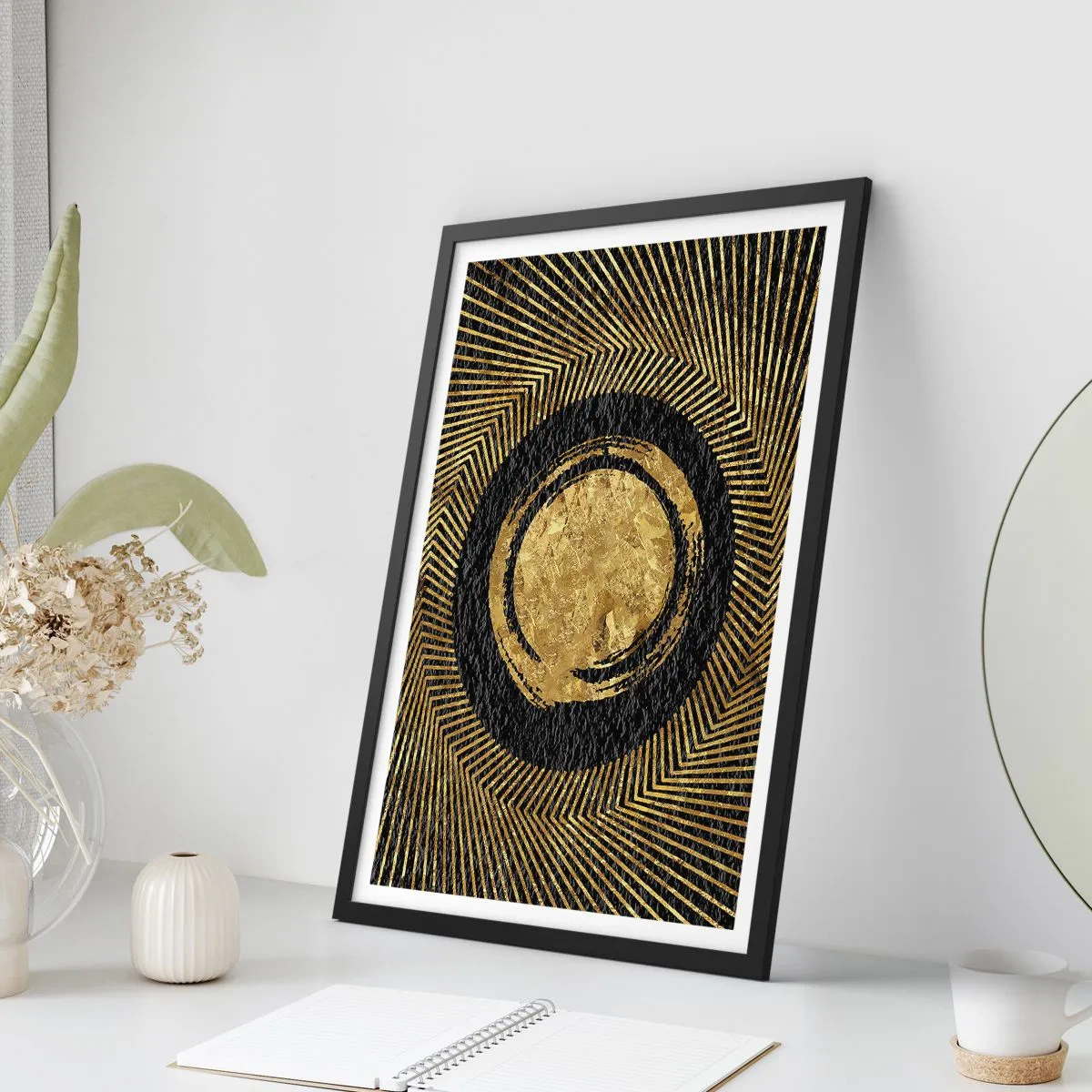 Plakát v černém rámu - Zlatá geometrická abstrakce na černém pozadí - 50x70cm - Glamour kompozice - Moderní nástěnná dekorace do obývacího pokoje a ložnice ARTTOR