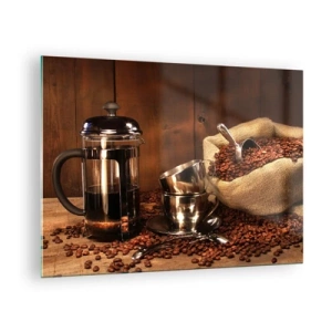 Obraz na skle - Kávovar, šálky a sáček kávových zrn - 70x50cm - Kouzlo kávy - aroma a chuť - Moderní nástěnná dekorace do obývacího pokoje a ložnice ARTTOR