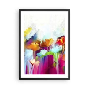 Plakát v černém rámu - Abstraktní květiny v intenzivních barvách na bílém pozadí - 50x70cm - Duha rozkvetla - Moderní nástěnná dekorace do obývacího pokoje a ložnice ARTTOR