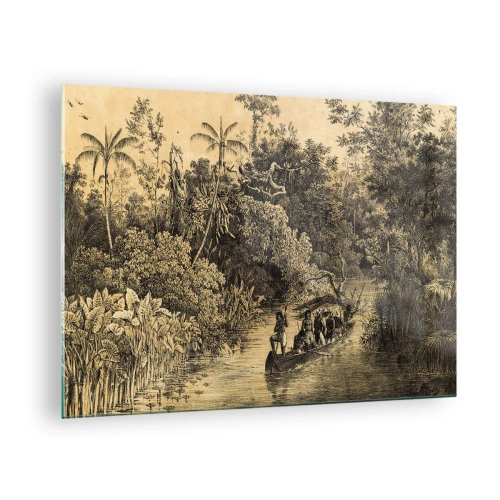 Obraz na skle - Retro tisk zobrazující cestu džunglí - 70x50cm - Výlet ke zdroji - Moderní nástěnná dekorace do obývacího pokoje a ložnice ARTTOR