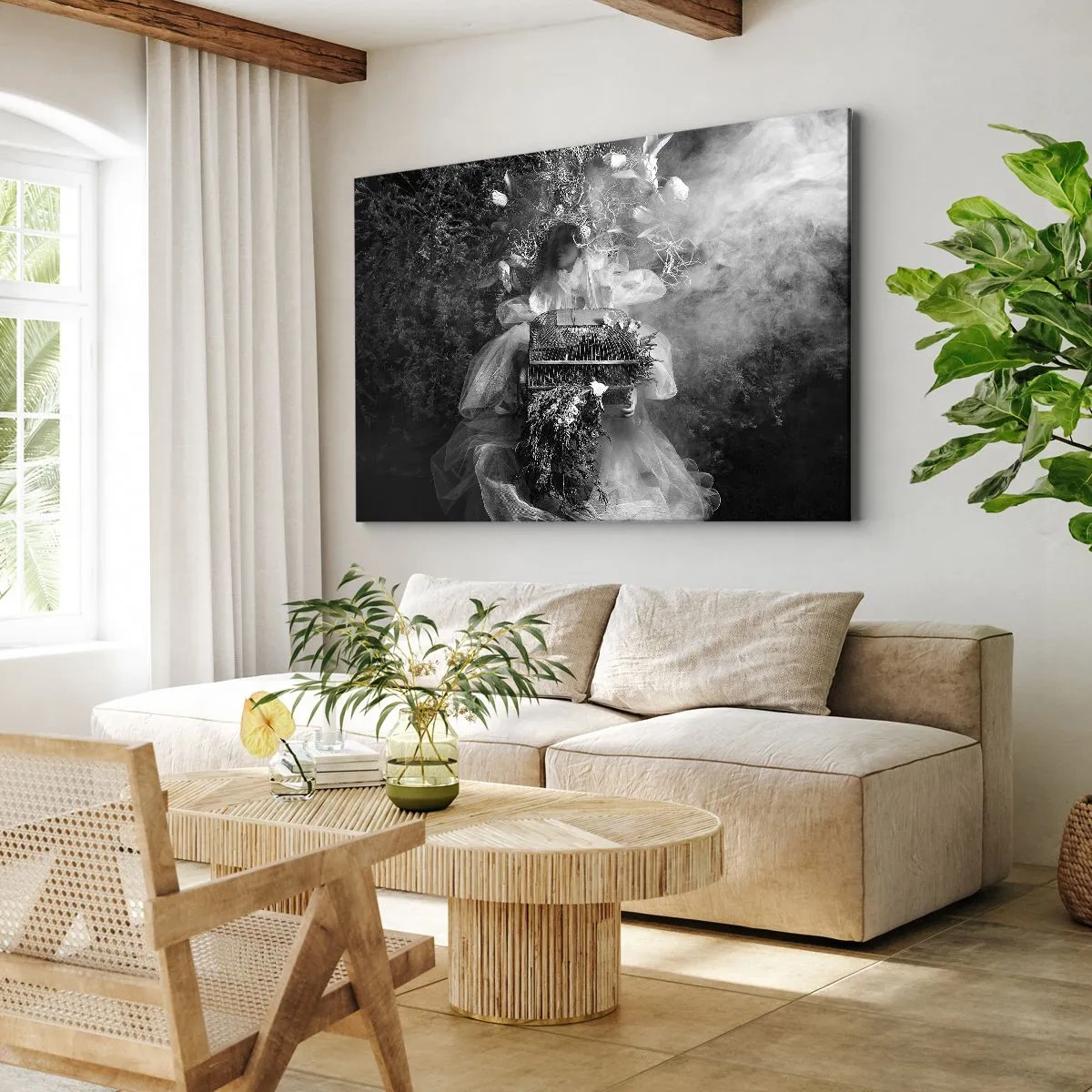 Obraz na plátně - Černobílá kompozice s postavou v šatech a klecí v mlze. - 70x50cm - Matka Příroda - Moderní nástěnná dekorace do obývacího pokoje a ložnice ARTTOR